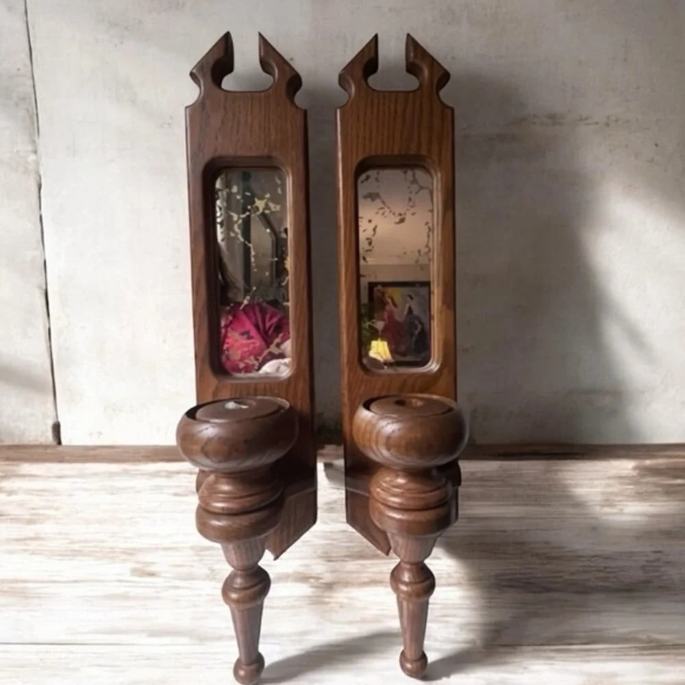 Vintage Wooden Wall Candle Holders with mirrors set of 2
